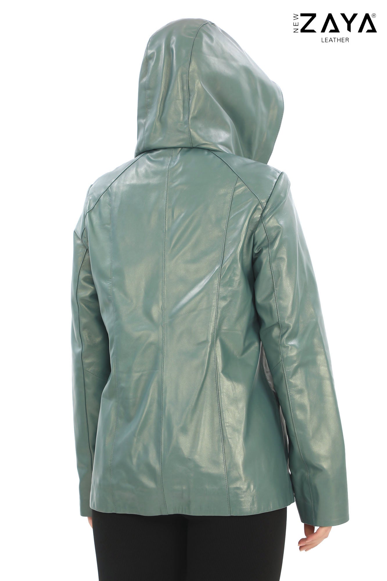 MARTA Mint Green Detachable Hood Lambskin Leather Jacket