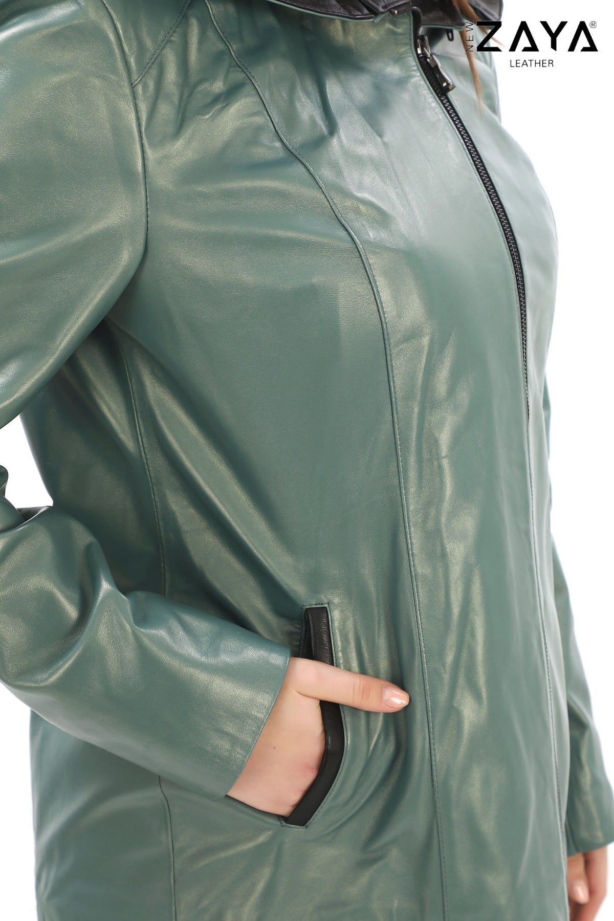 MARTA Mint Green Detachable Hood Lambskin Leather Jacket