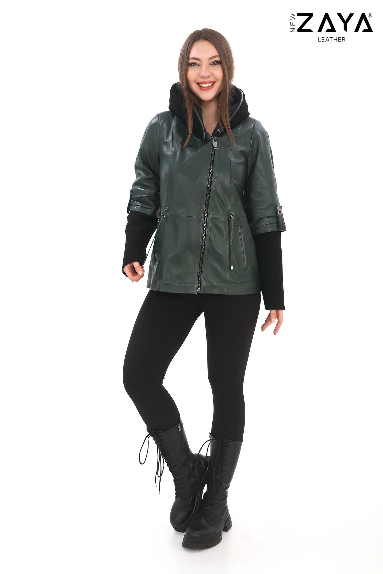 Chloe Genuine Leather khaki Hooded Jacket with Knitwear Trim