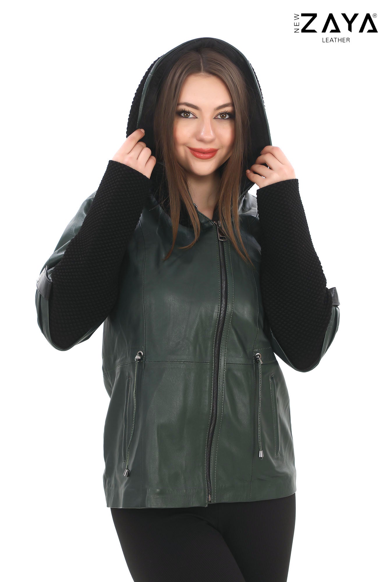 Chloe Genuine Leather khaki Hooded Jacket with Knitwear Trim