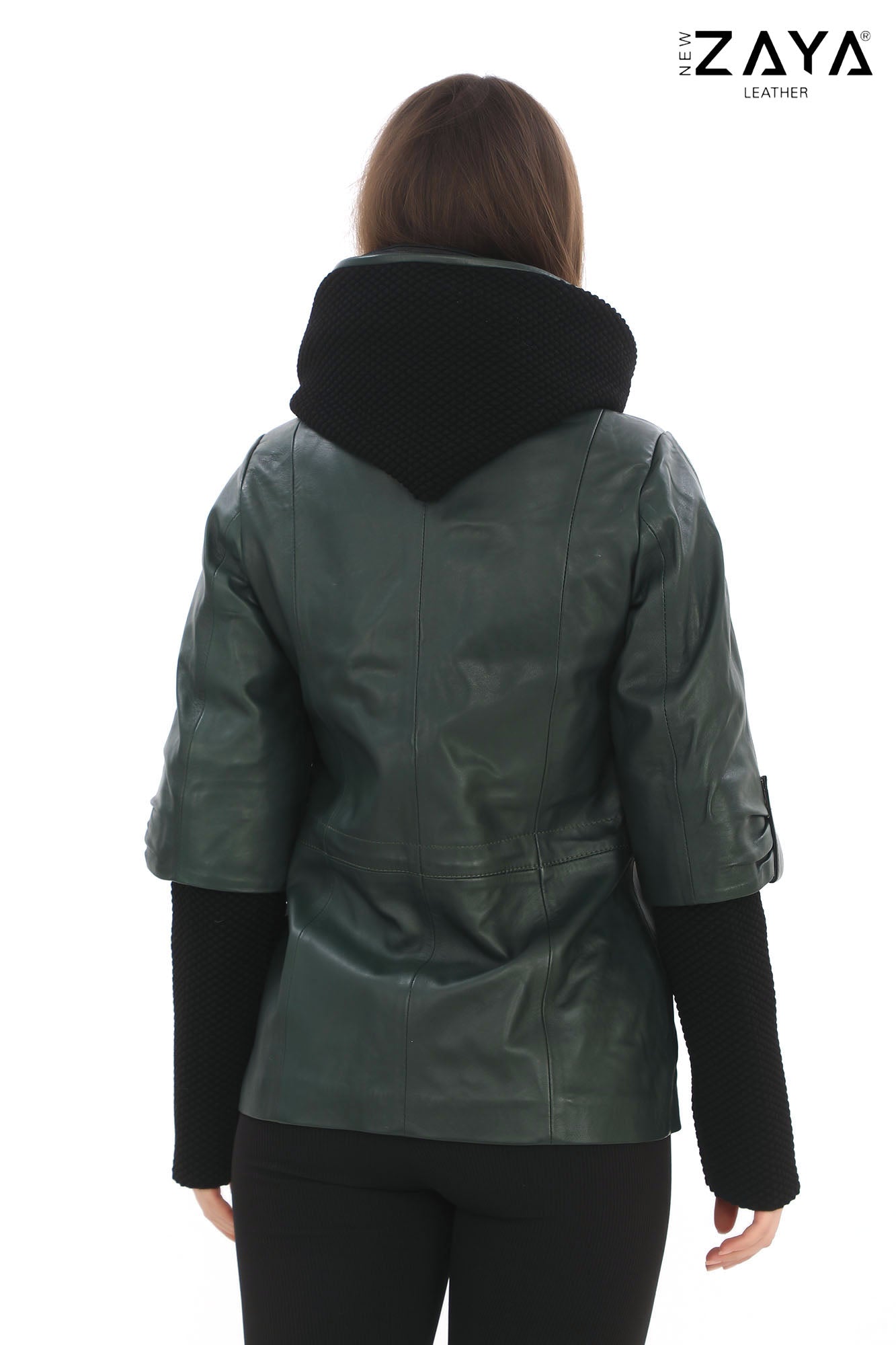 Chloe Genuine Leather khaki Hooded Jacket with Knitwear Trim