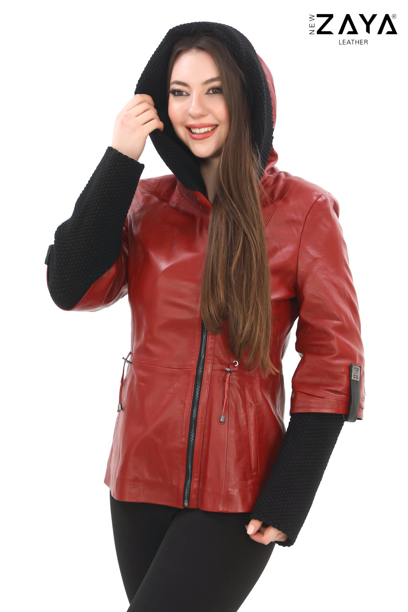 Chloe Genuine Leather Red Hooded Jacket with Knitwear Trim