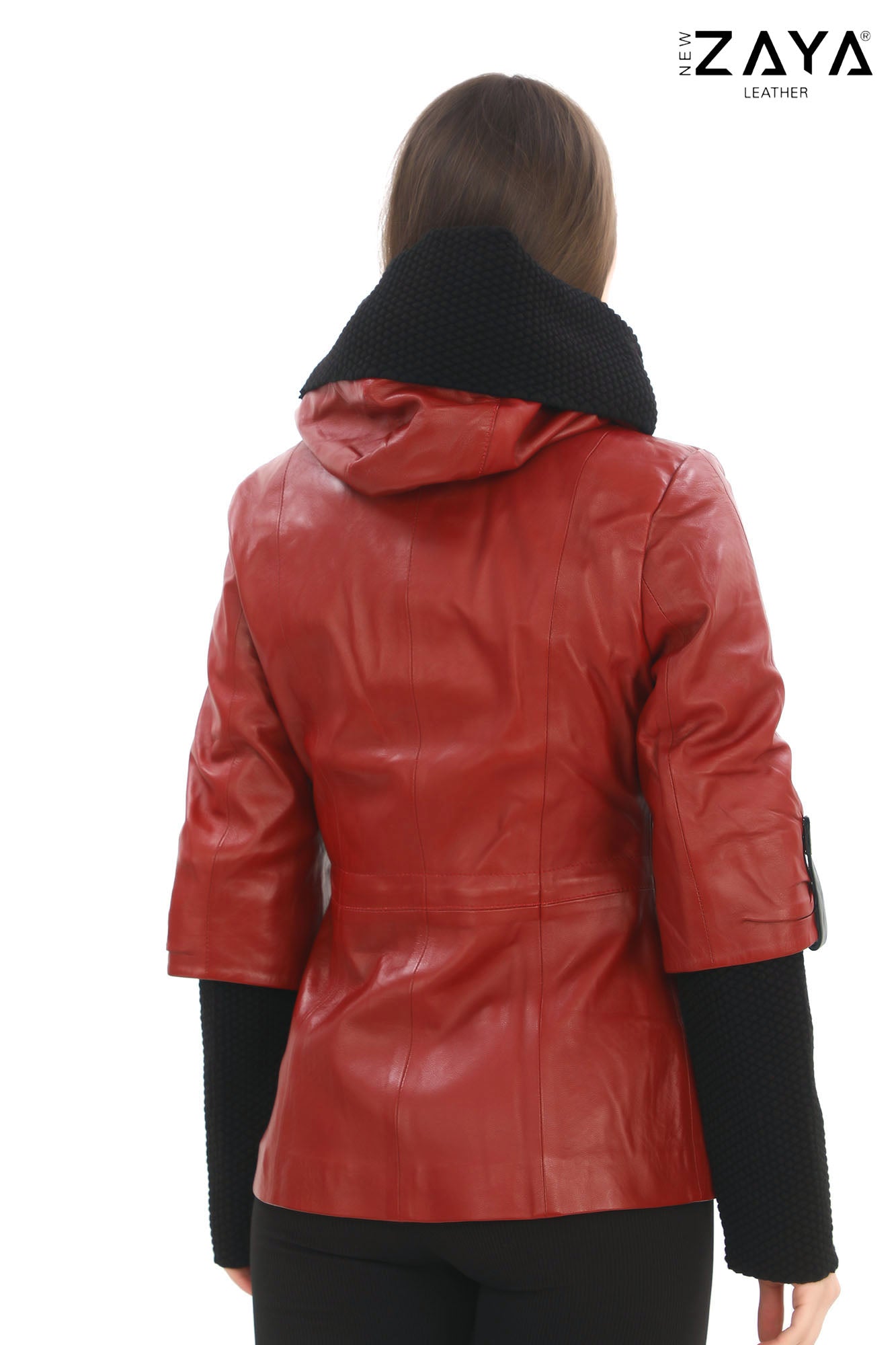Chloe Genuine Leather Red Hooded Jacket with Knitwear Trim