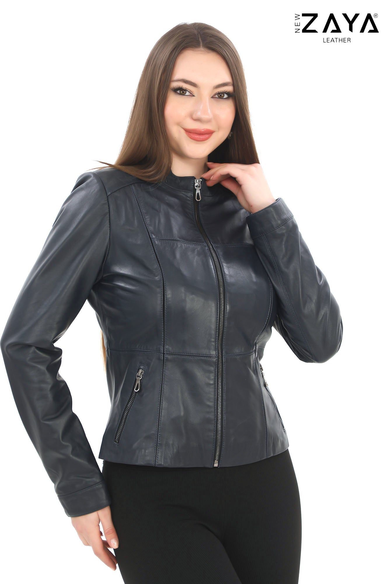 LEMA Genuine Lambskin Brown Leather Jacket Navy Blue
