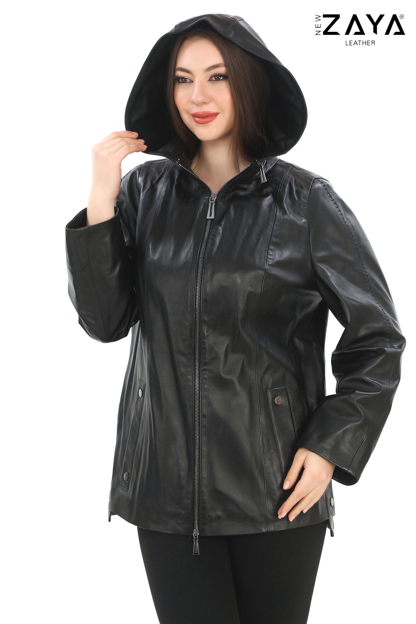 Udine Genuine Lambskin Black Hooded Leather Jacket with Snap Button Pockets