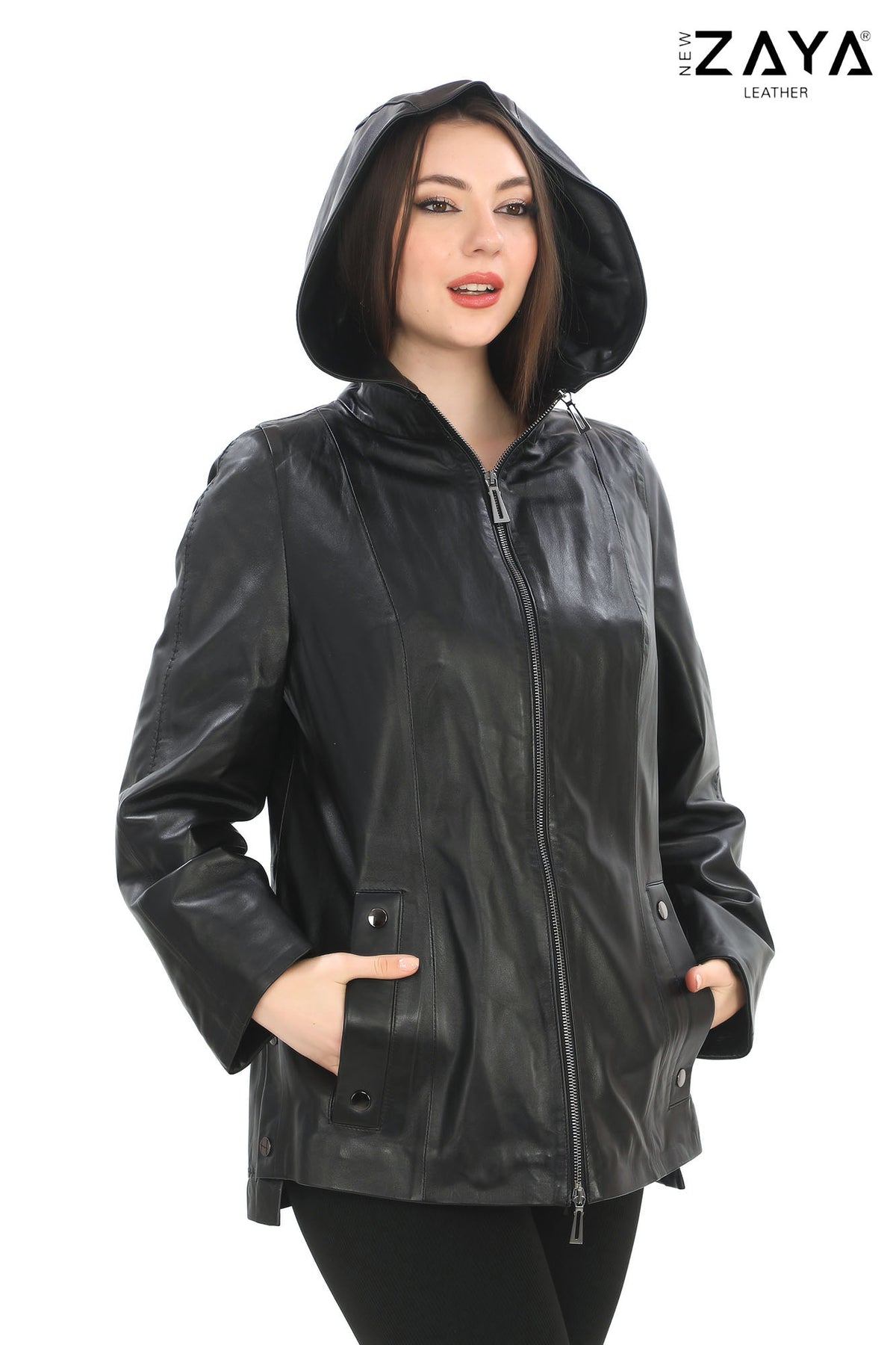 Udine Genuine Lambskin Black Hooded Leather Jacket with Snap Button Pockets