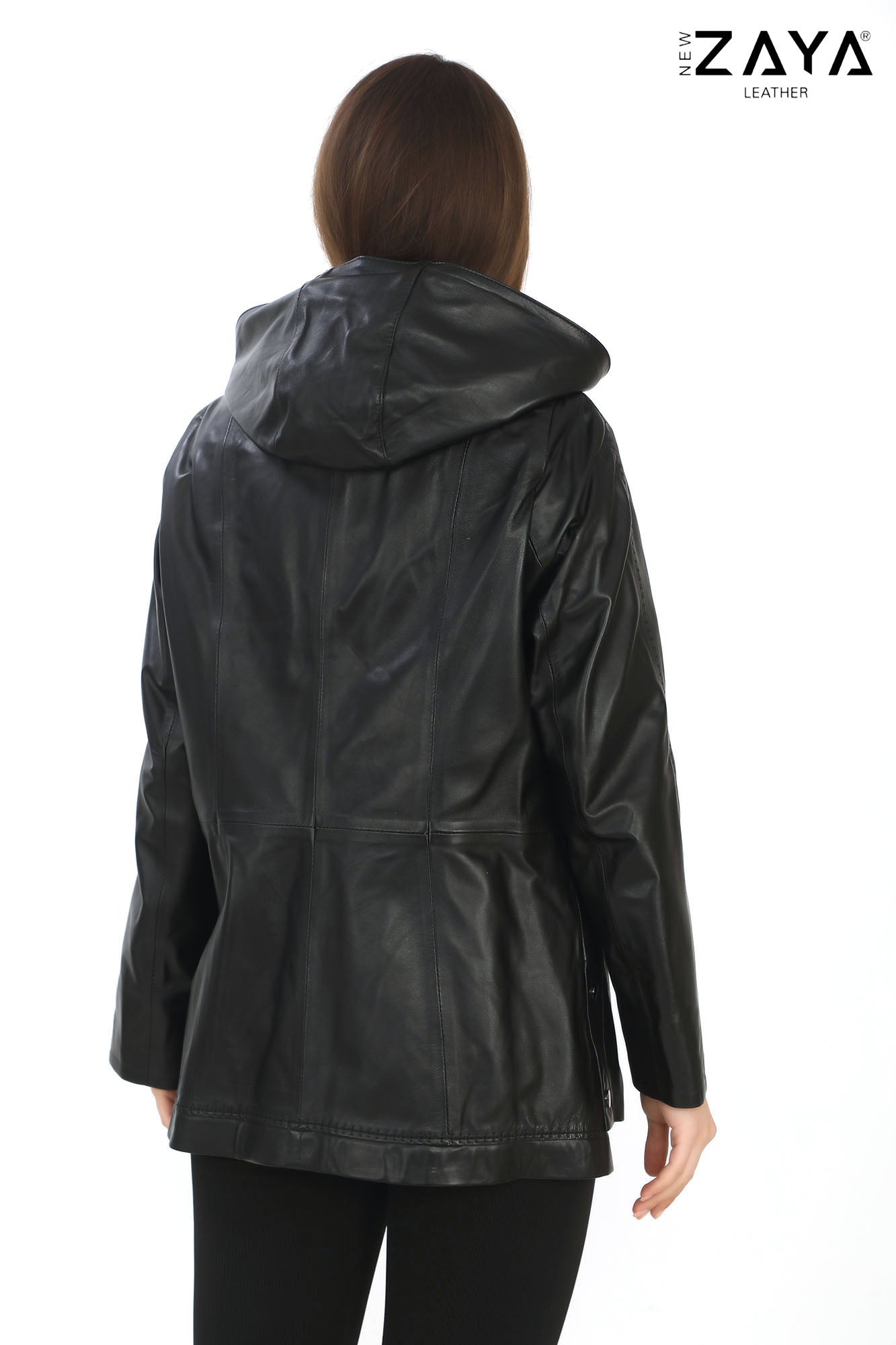 Udine Genuine Lambskin Black Hooded Leather Jacket with Snap Button Pockets