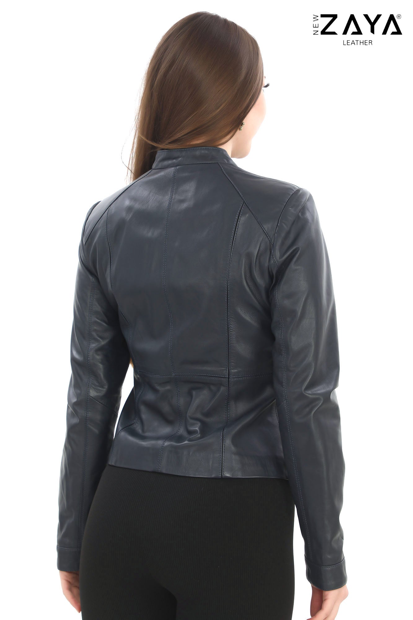 LEMA Genuine Lambskin Brown Leather Jacket Navy Blue
