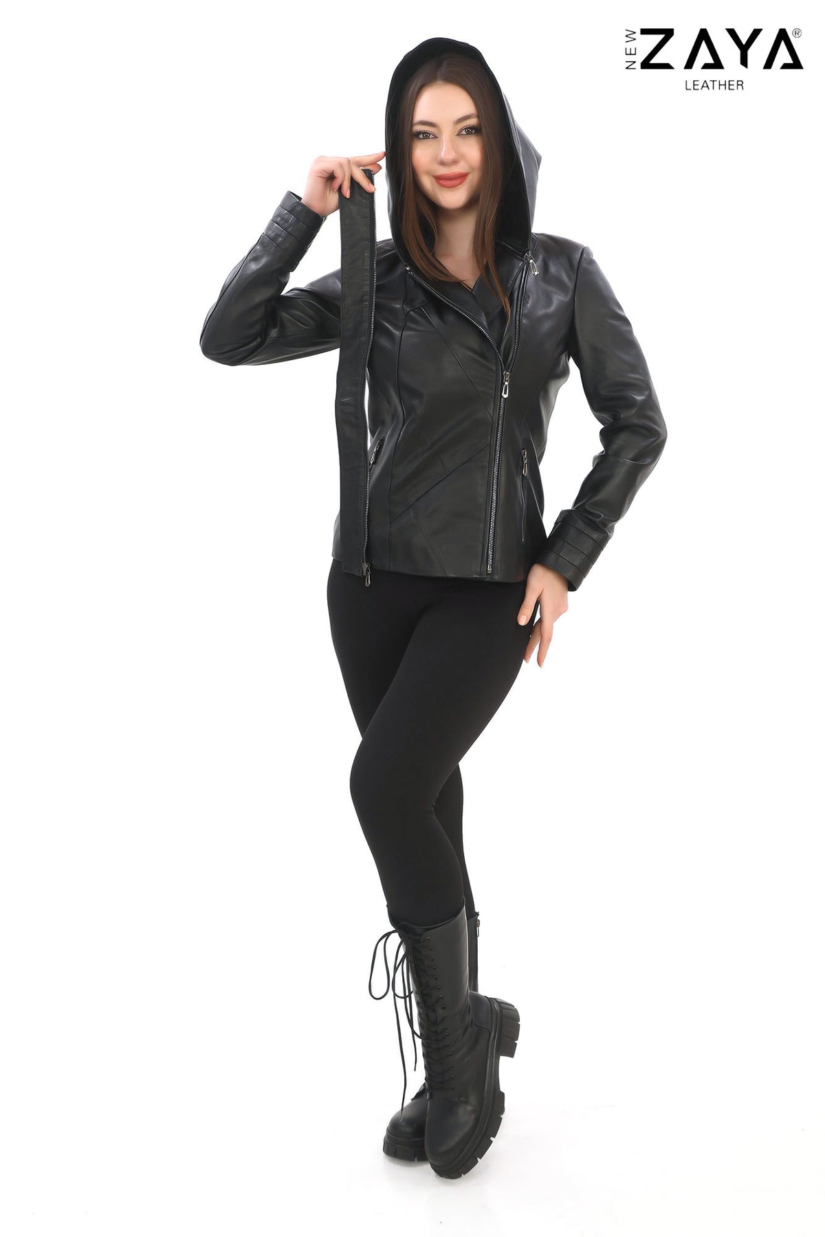 Velora Black Hooded Genuine Leather Jacket with Belt Detail