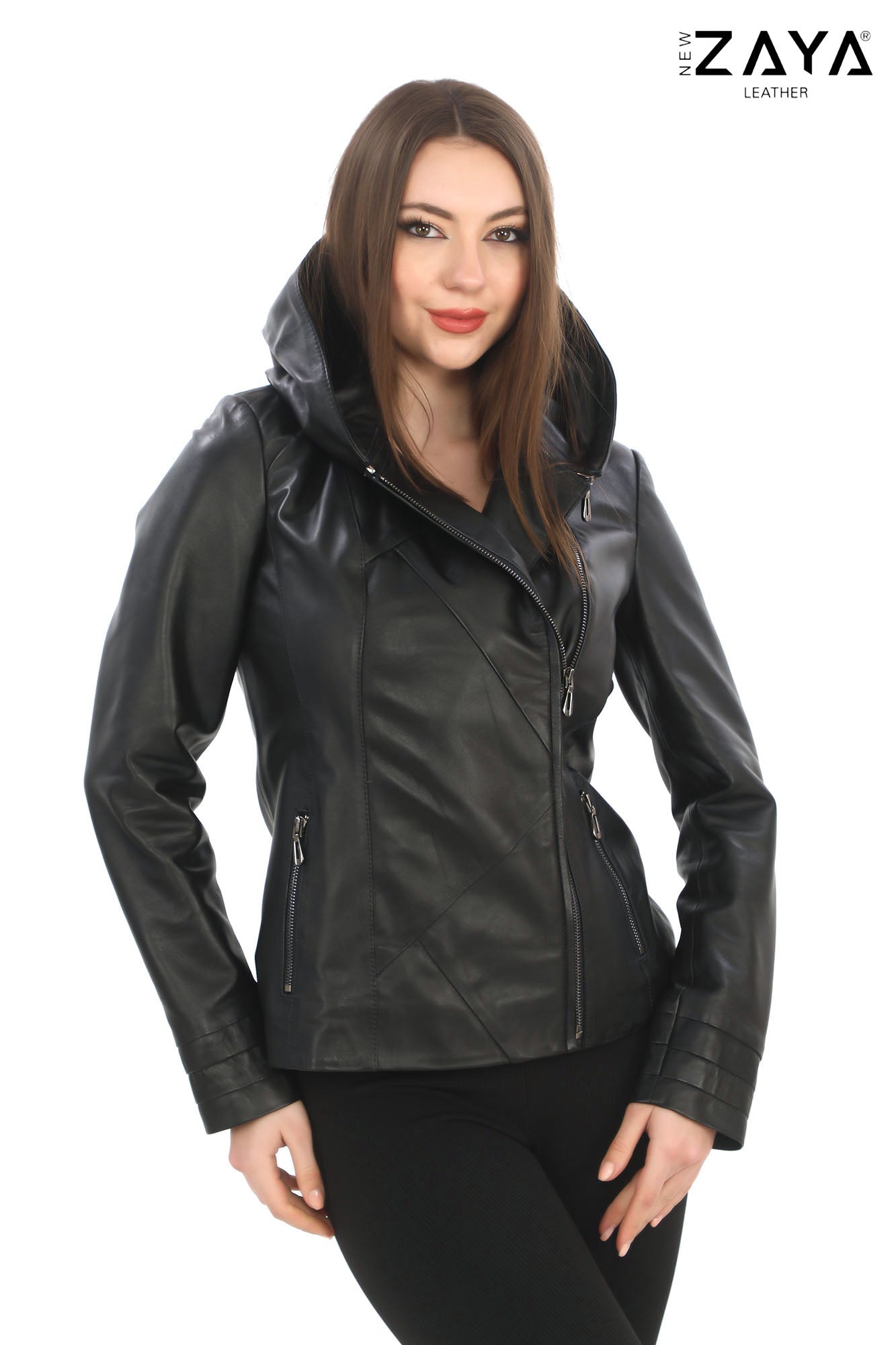 Velora Black Hooded Genuine Leather Jacket with Belt Detail