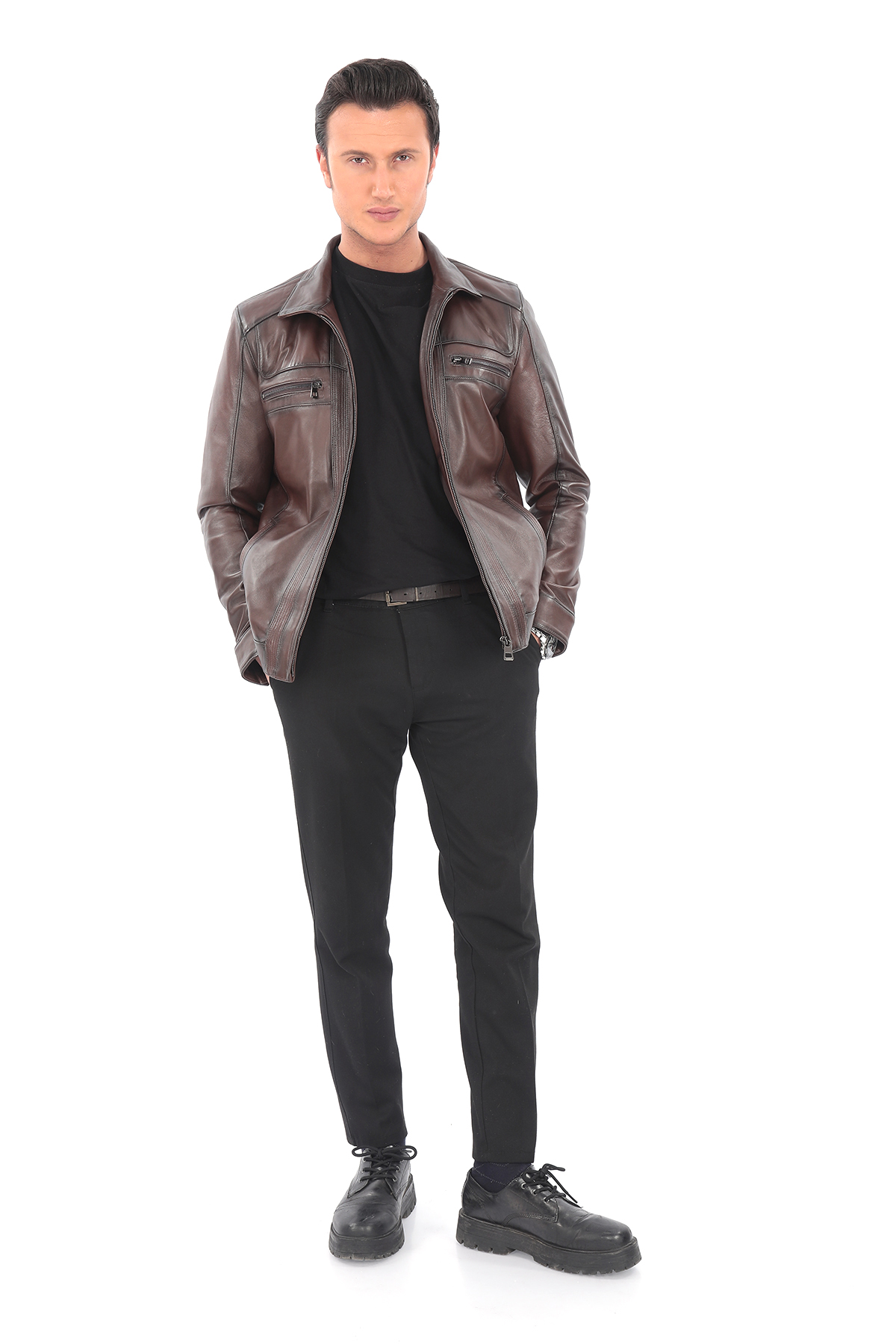 Hakiki Deri Erkek Ceket – Kahverengi Klasik Yaka | Fermuar Detaylı Şehir Stili - Görsel 3