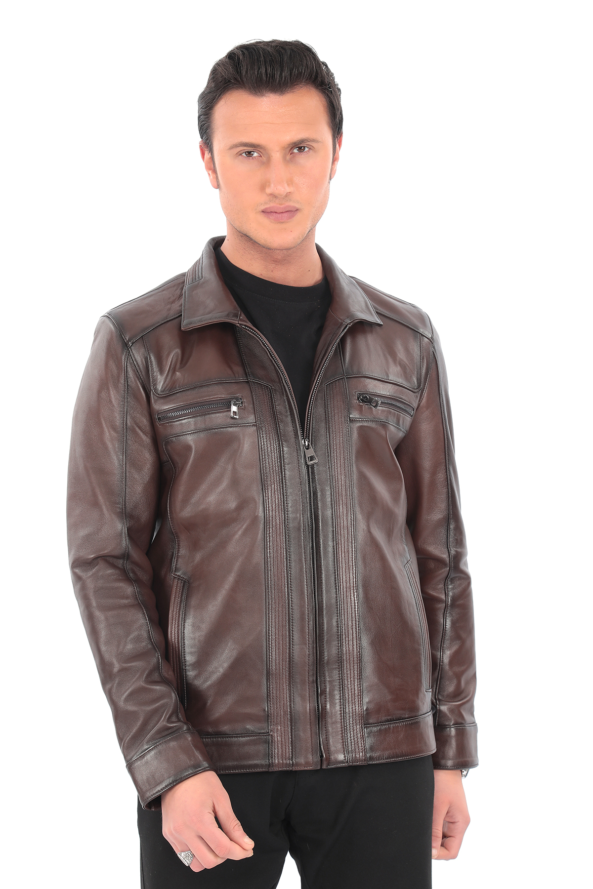 Hakiki Deri Erkek Ceket – Kahverengi Klasik Yaka | Fermuar Detaylı Şehir Stili