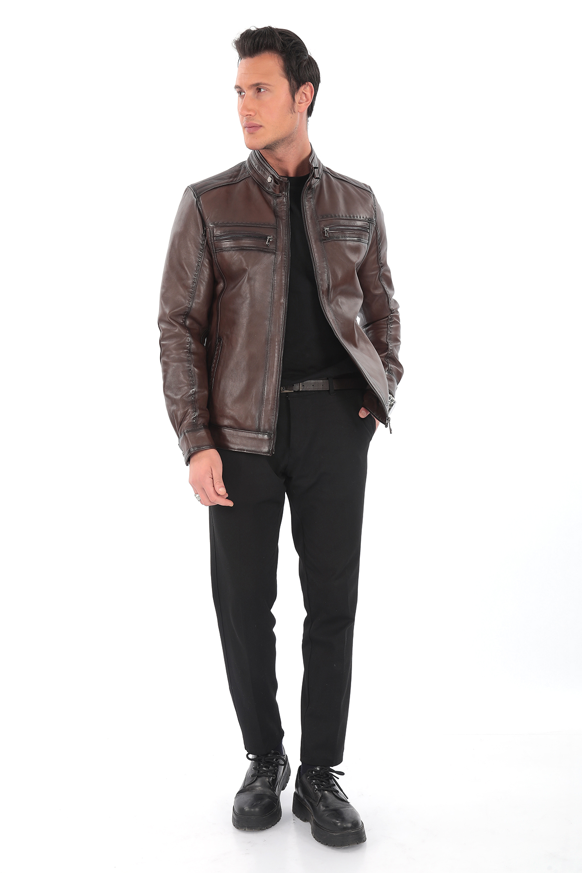 Cepli Detaylı Kahverengi Hakiki Deri Erkek Ceket – Fermuarlı Model - Görsel 2
