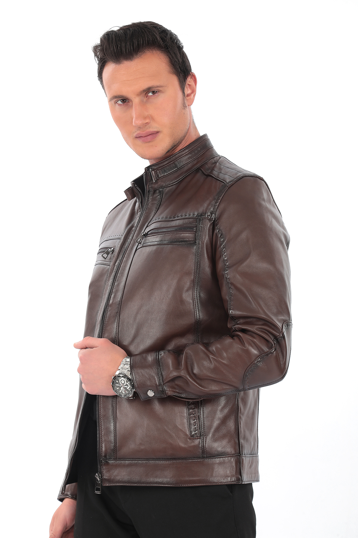 Cepli Detaylı Kahverengi Hakiki Deri Erkek Ceket – Fermuarlı Model - Görsel 3