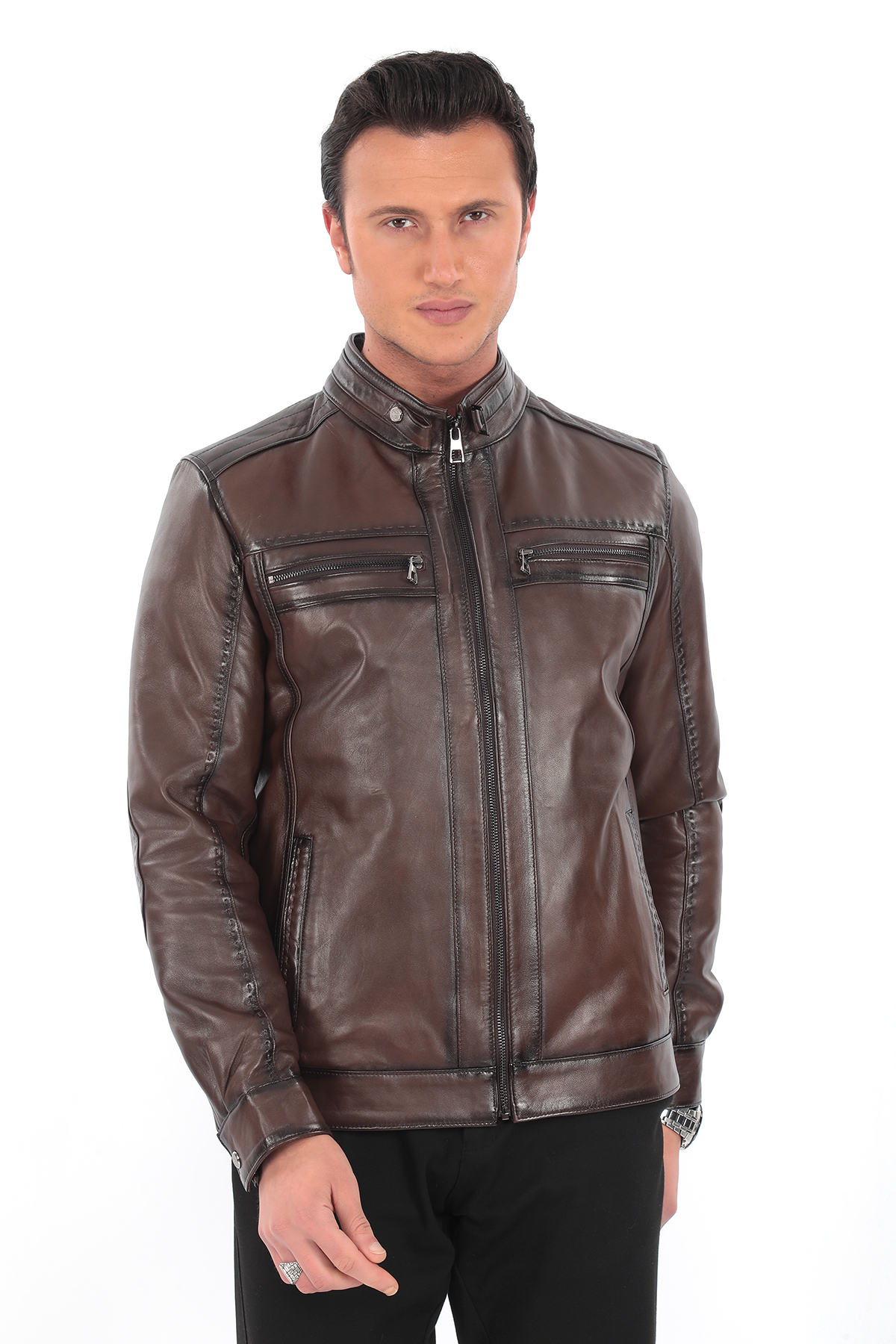 Cepli Detaylı Kahverengi Hakiki Deri Erkek Ceket – Fermuarlı Model - Görsel 4