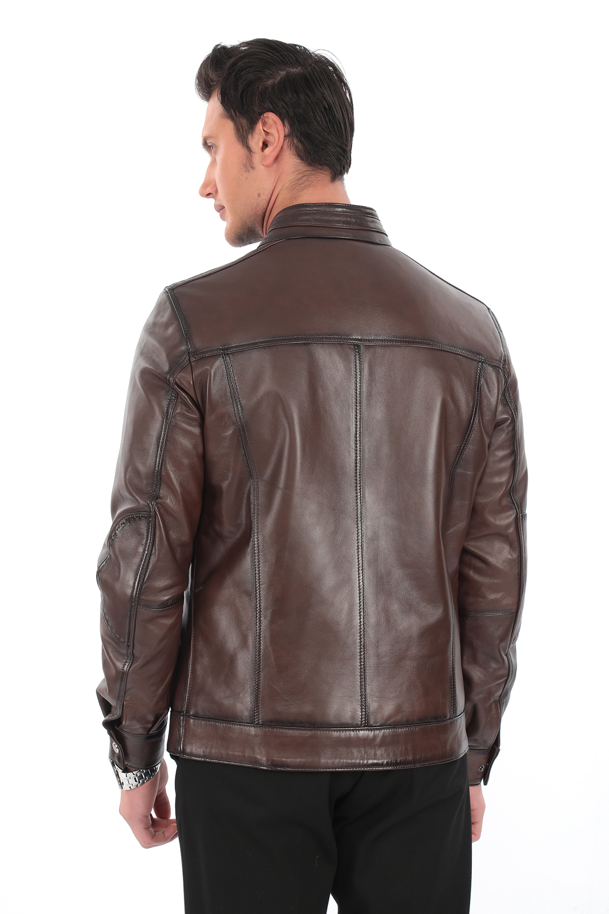 Cepli Detaylı Kahverengi Hakiki Deri Erkek Ceket – Fermuarlı Model - Görsel 5