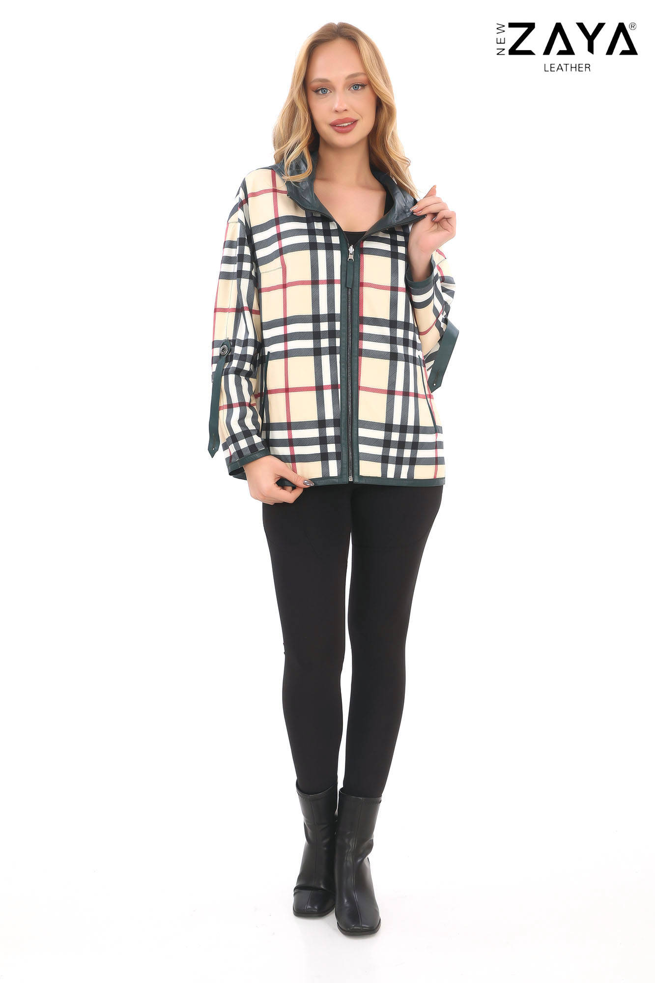 Ekoseli Çift Taraflı Kadın Deri Mont – Hakiki Deri & Şehirli Tarz - Görsel 4