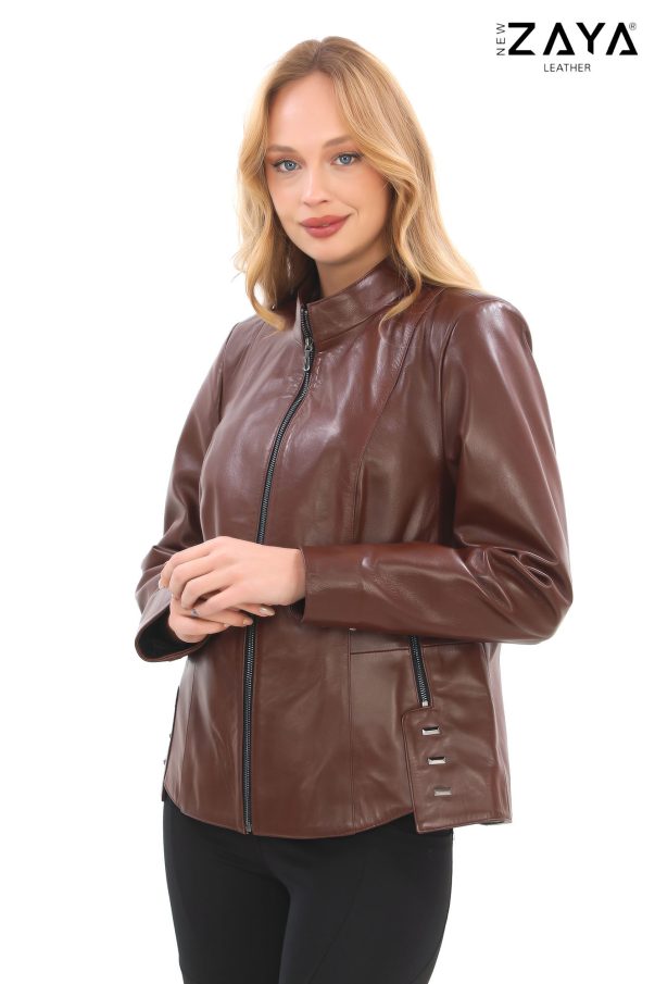 Kahverengi Hakiki Deri Kadın Ceket – Minimal Metal Aksesuarlı