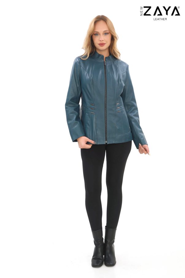 Hakim Yaka Mavi Kadın Deri Mont – Zarif Dikiş Detaylı