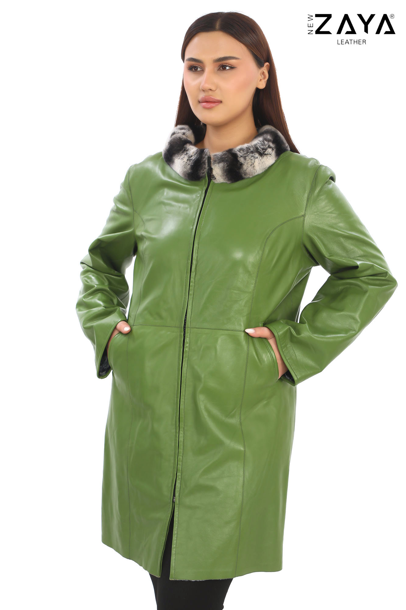 Yeşil Kadın Hakiki Deri Çift Taraflı Kürk Yaka Uzun Mont - Görsel 4