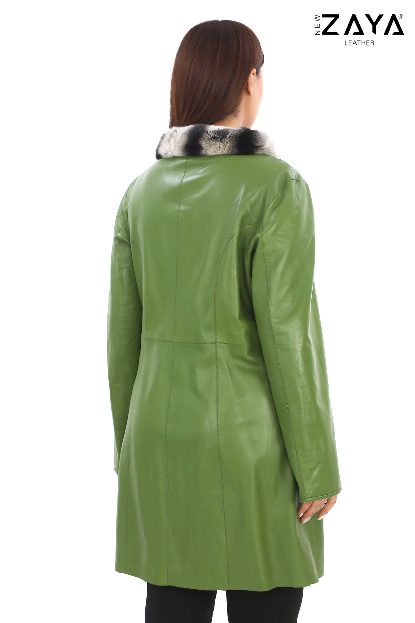 Yeşil Kadın Hakiki Deri Çift Taraflı Kürk Yaka Uzun Mont - Görsel 5