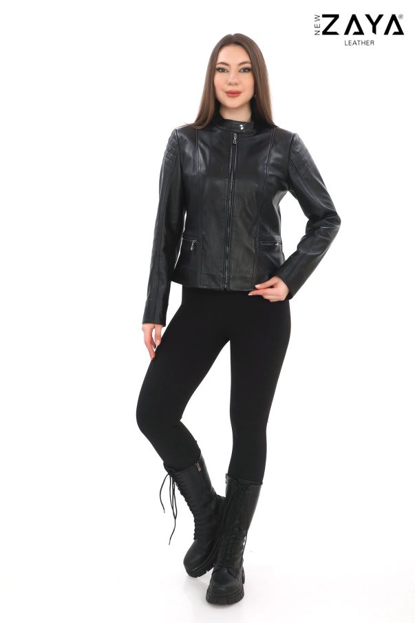 Kadın Siyah Hakiki Deri Ceket – Modern Fit, Omuz Detaylı, Fermuarlı Şık Model