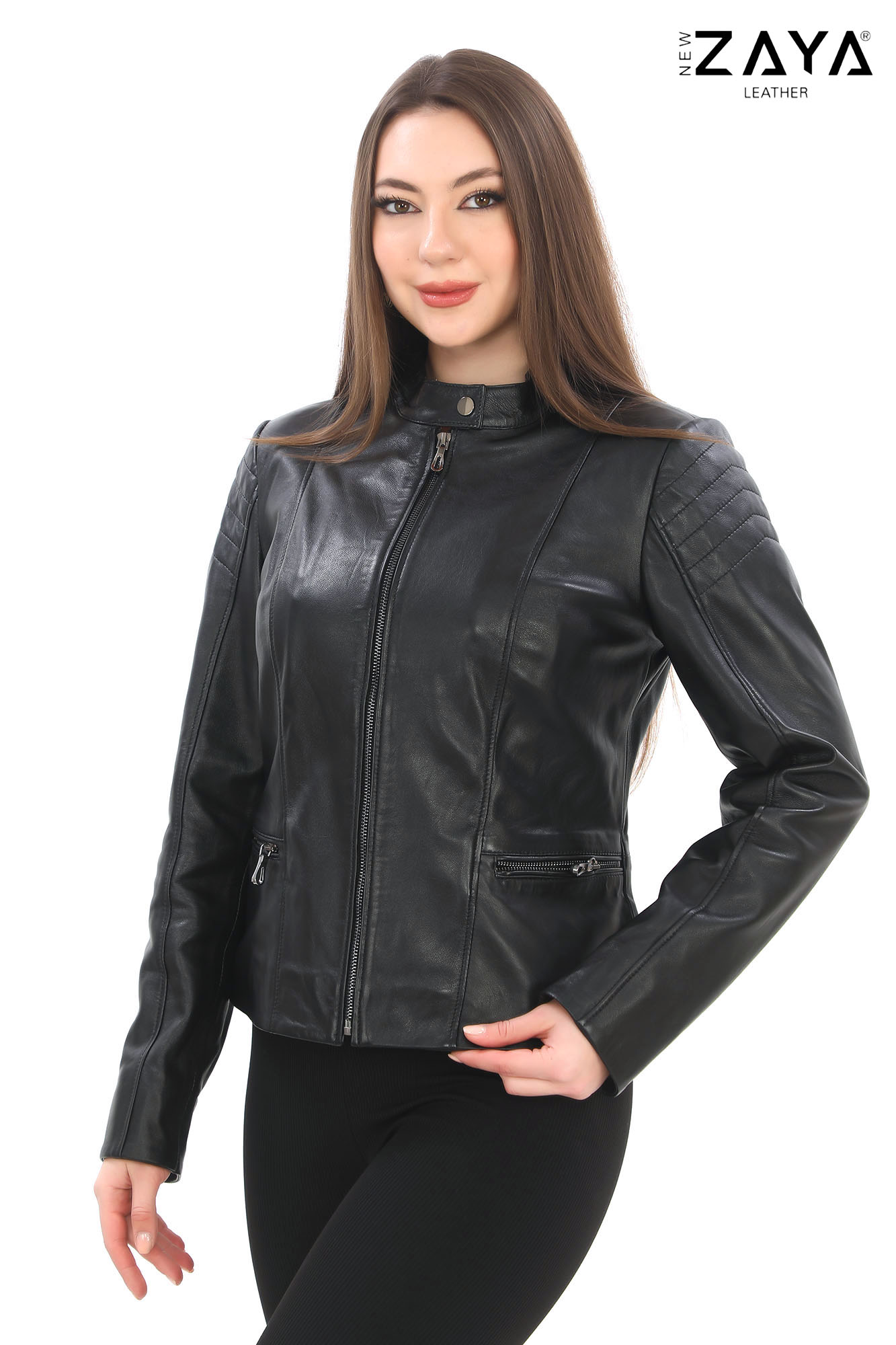 Kadın Siyah Hakiki Deri Ceket – Modern Fit, Omuz Detaylı, Fermuarlı Şık Model