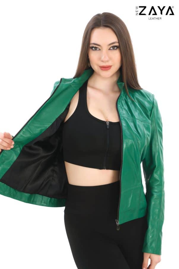 Hakim Yaka Fermuarlı Yeşil Kadın Deri Ceket – Modern ve Sportif Stil
