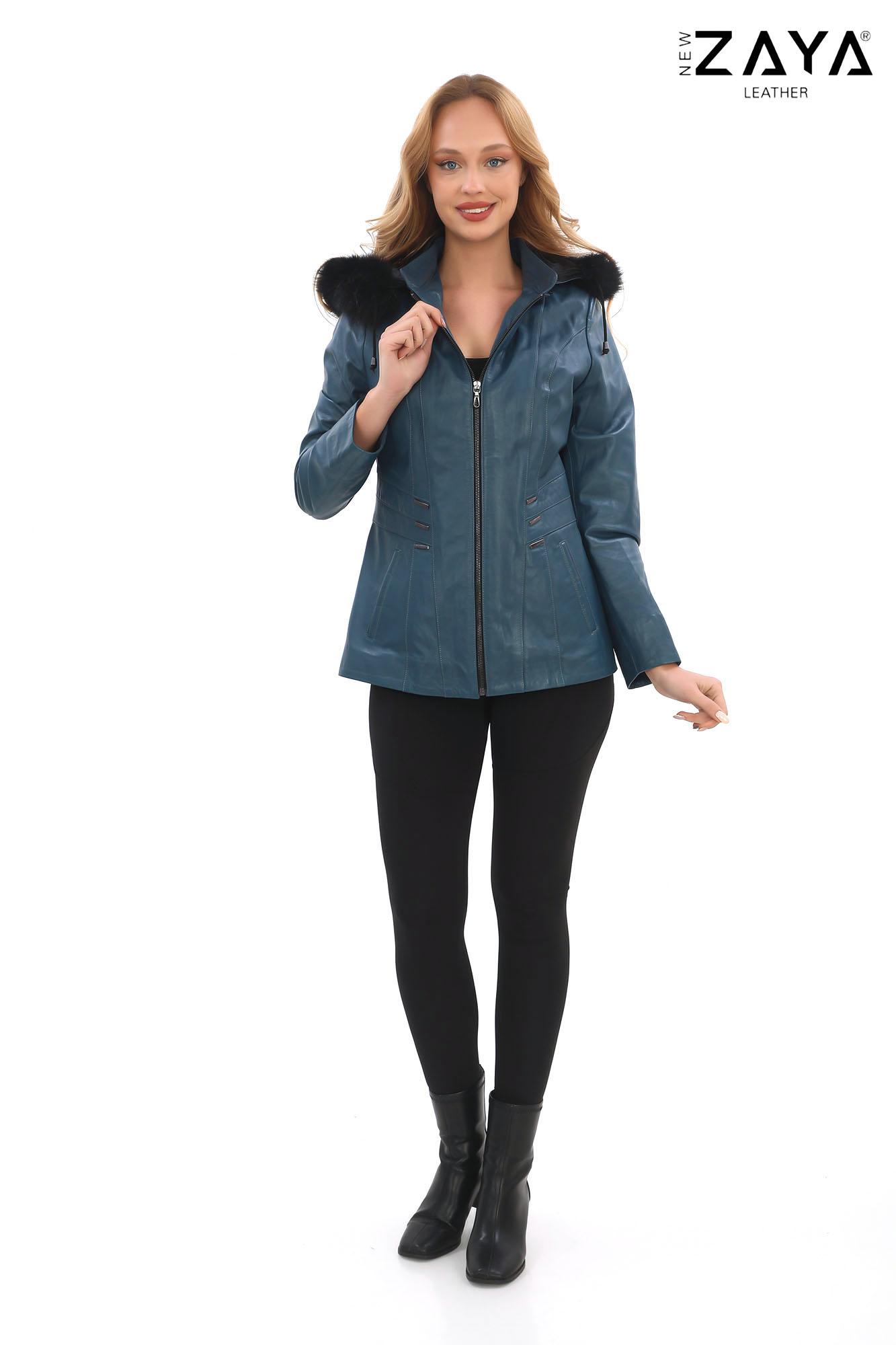 Turkuaz Mavi Kürklü Kapüşonlu Hakiki Deri Kadın Mont - Görsel 3