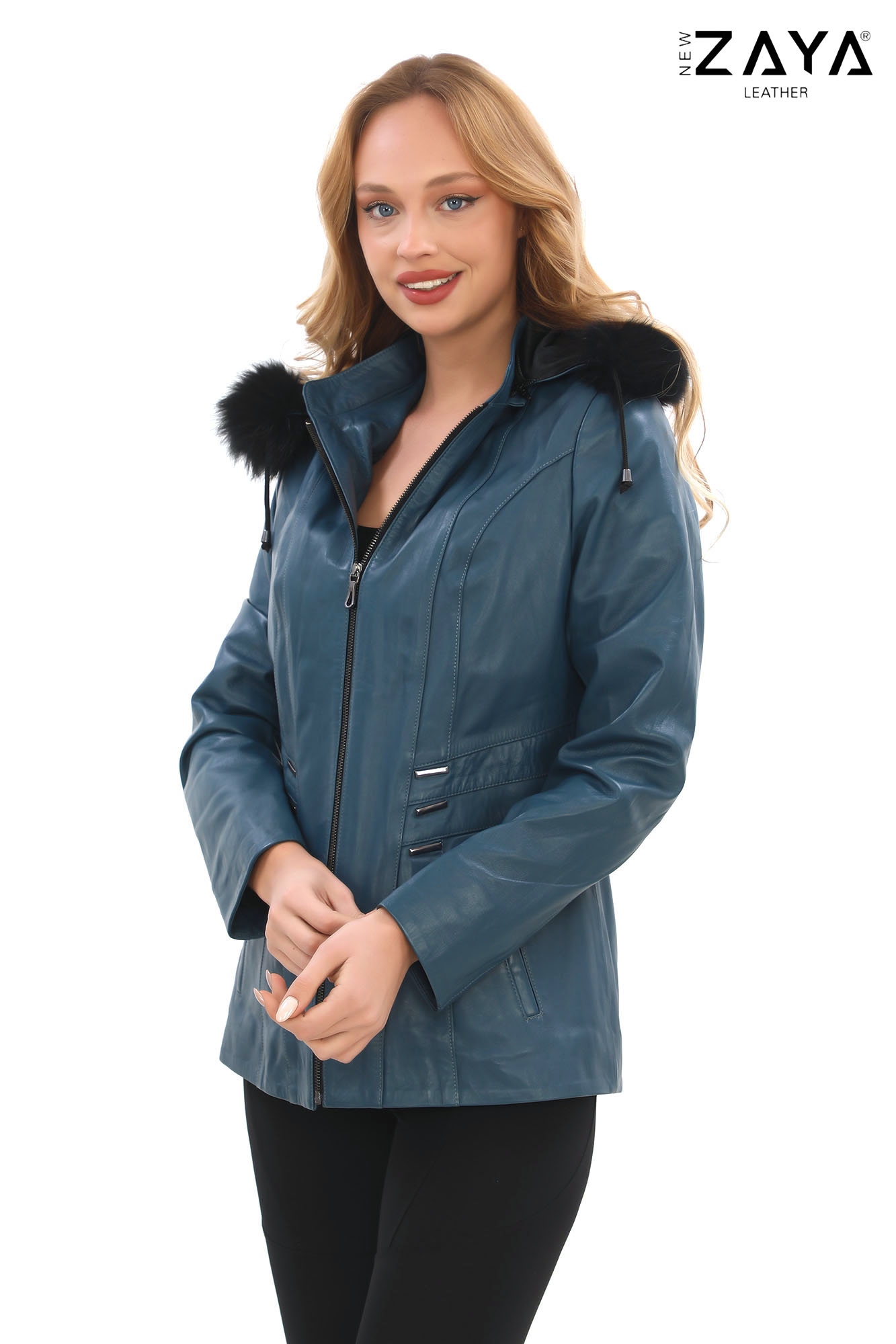 Turkuaz Mavi Kürklü Kapüşonlu Hakiki Deri Kadın Mont - Görsel 4