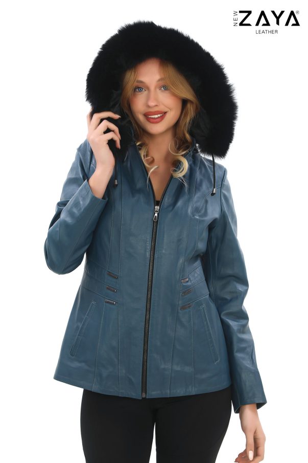 Turkuaz Mavi Kürklü Kapüşonlu Hakiki Deri Kadın Mont