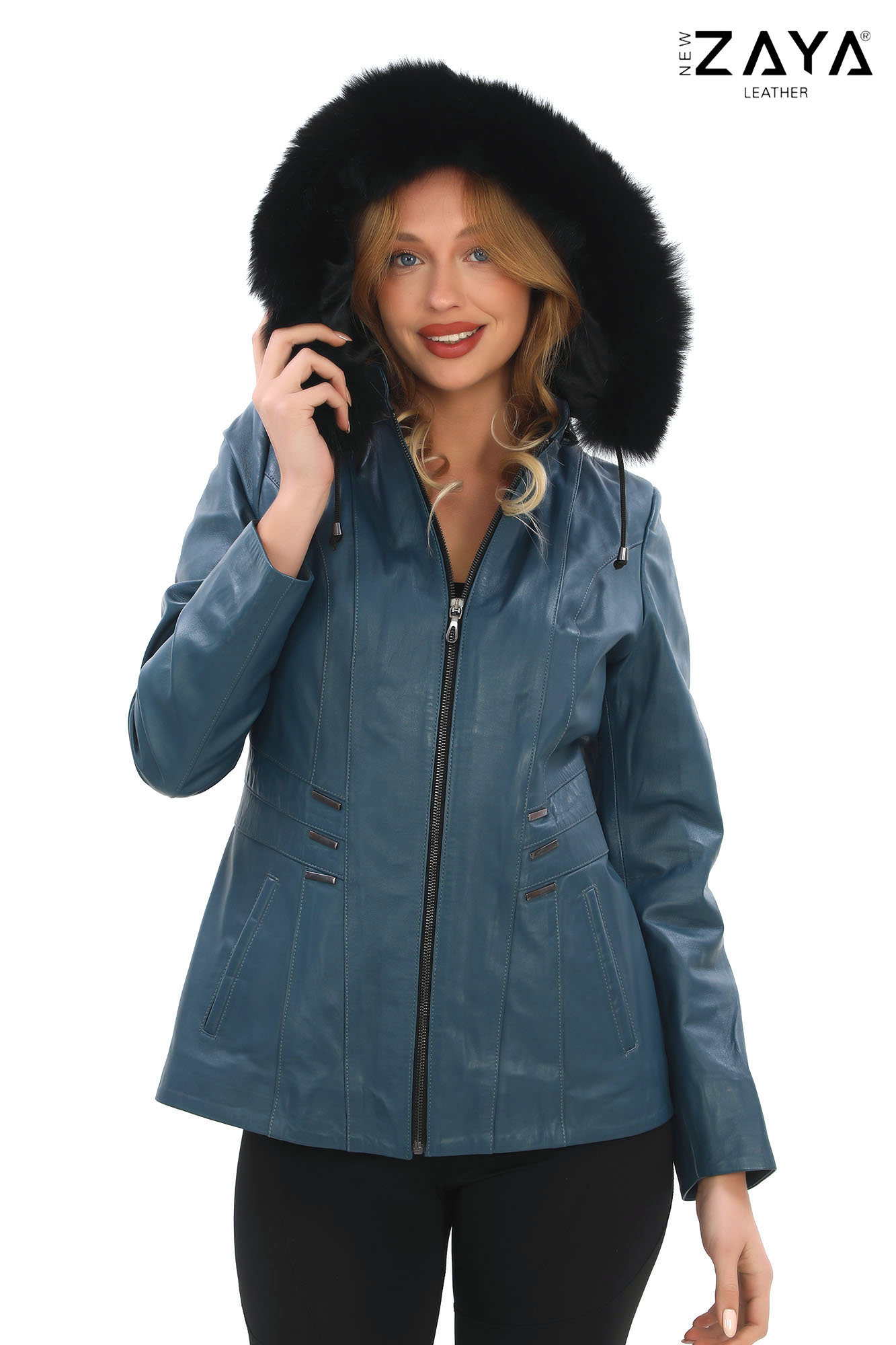 Turkuaz Mavi Kürklü Kapüşonlu Hakiki Deri Kadın Mont