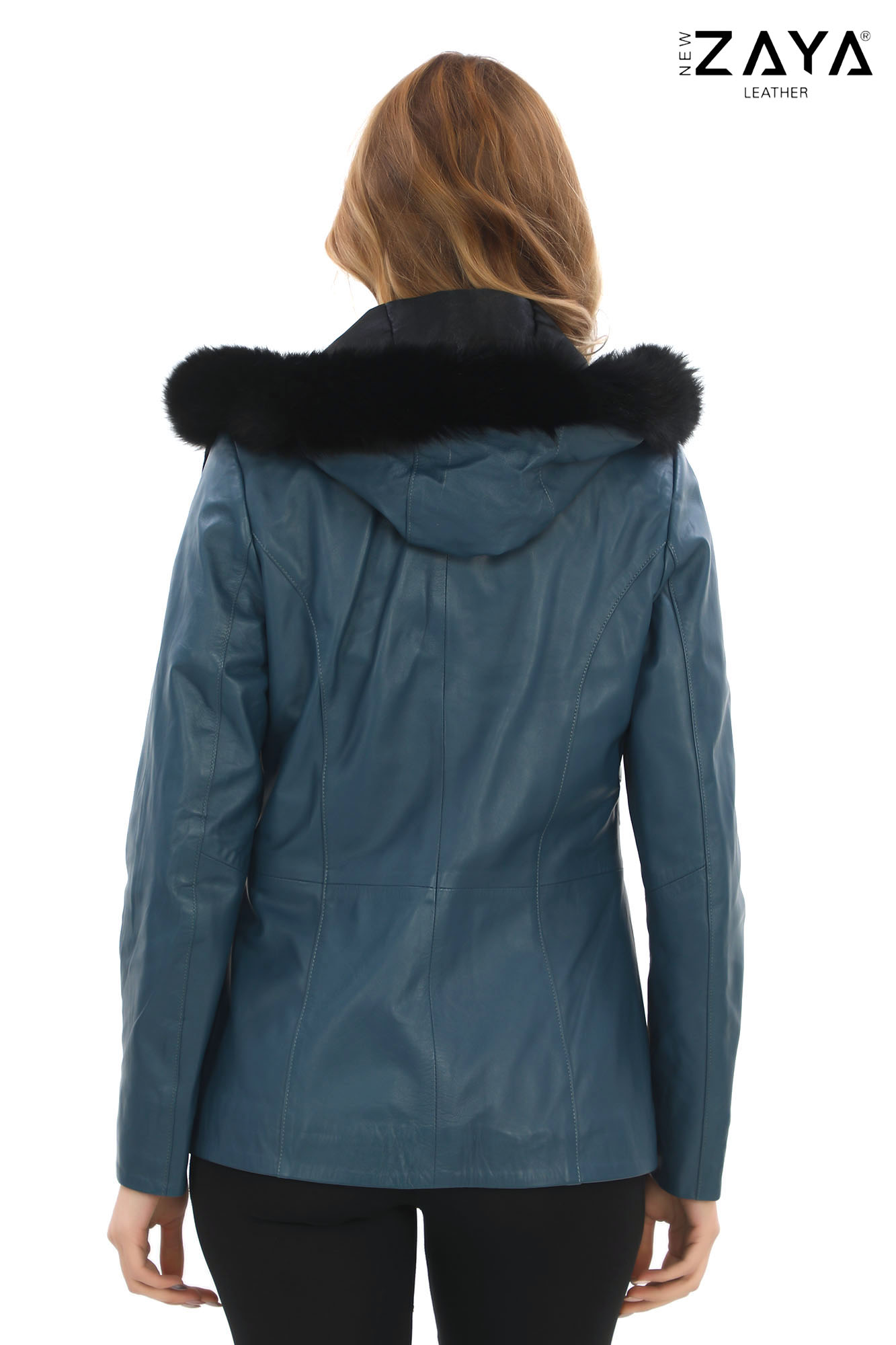 Turkuaz Mavi Kürklü Kapüşonlu Hakiki Deri Kadın Mont - Görsel 5