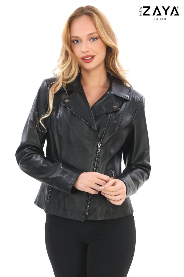 Kadın Siyah Deri Biker Ceket – Asimetrik Fermuar ve Geniş Yaka