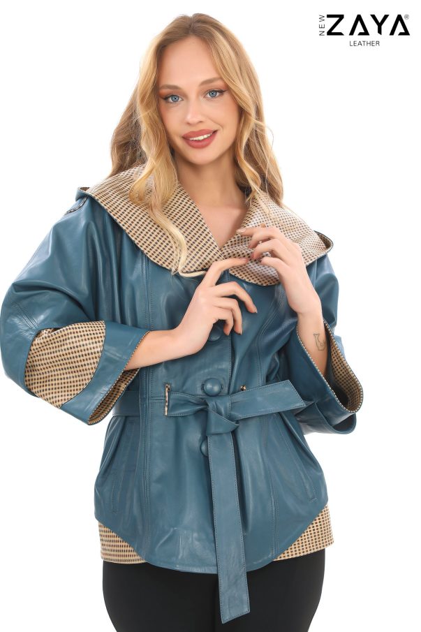 Kadın Mavi Hakiki Deri Mont – Ekoseli Detaylı ve Kuşaklı Şık Model